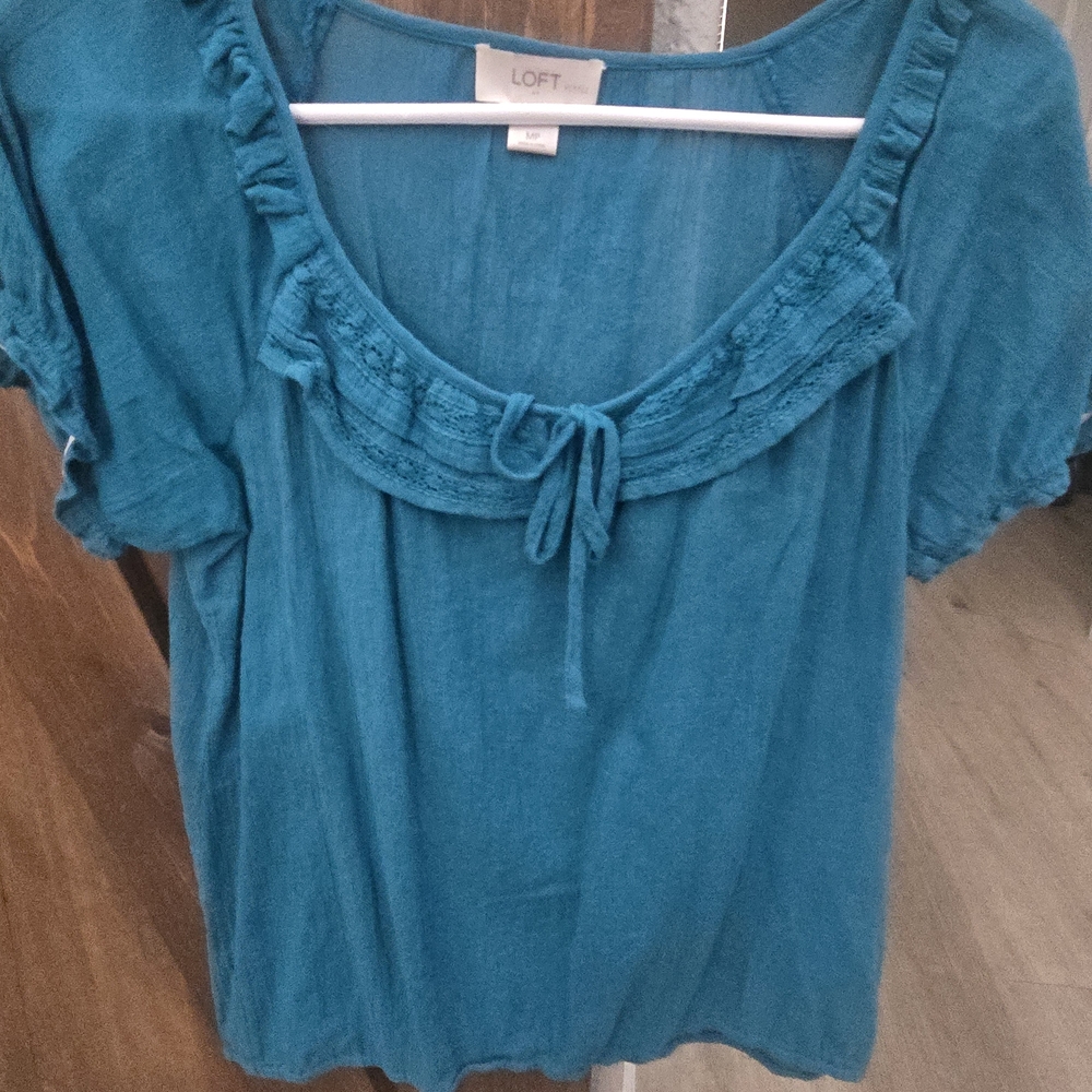 Ann Taylor Teal Ruffle Scoop-Neck Short Sleeve Top